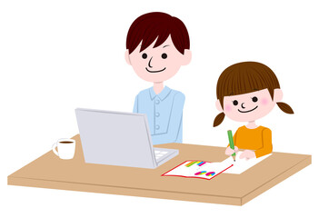 Illustration of man working from home and child doing homework