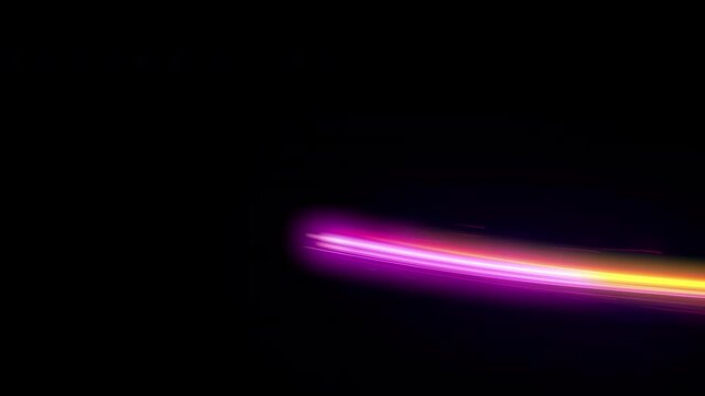 Stylized animation of glow light streak moving, flowing curly then straight towards camera in multi colour.