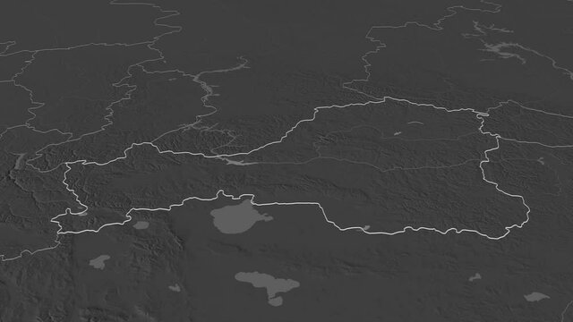 Tuva, republic with its capital, zoomed and extruded on the bilevel map of Russia in the conformal Stereographic projection. Animation 3D