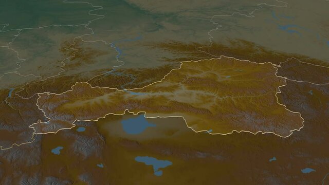 Tuva, republic with its capital, zoomed and extruded on the relief map of Russia in the conformal Stereographic projection. Animation 3D