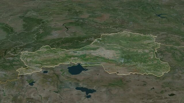 Tuva, republic with its capital, zoomed and extruded on the satellite map of Russia in the conformal Stereographic projection. Animation 3D