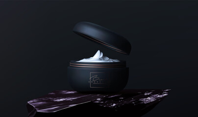 Luxury cosmetic face crem jar for skin care on black background. Beautiful cosmetic template for ads. Makeup products brand. Realistic vector 3d black and gold matte cosmetic jar mock up