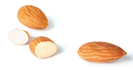 almond nuts pieces and cut almond   with white background isolated .Health food on clipping path