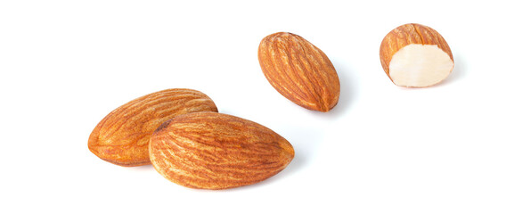 almond nuts pieces and cut almond   with white background isolated .Health food on clipping path