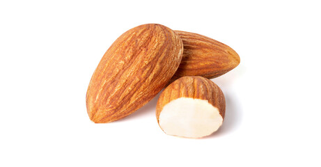 almond nuts pieces and cut almond   with white background isolated .Health food on clipping path