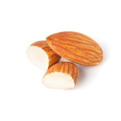 almond nuts pieces and cut almond   with white background isolated .Health food on clipping path