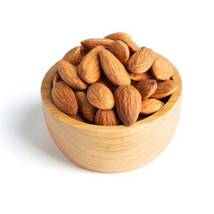 full almond  on blow wooden cup  Front view 45 degree  white isolated with clipping path