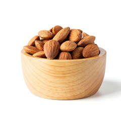 full almond  on blow wooden cup  Front view 90 degree  white isolated with clipping path