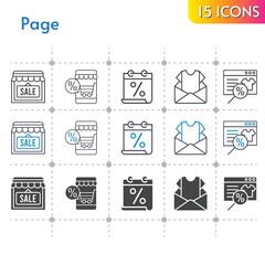 page icon set. included calendar, online shop, newsletter, shop icons on white background. linear, bicolor, filled styles.