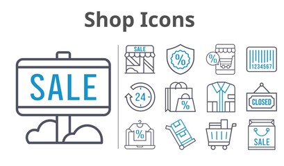 shop icons set. included shopping bag, online shop, sale, 24-hours, shop, shirt, shopping cart, warranty, closed, barcode, trolley icons. bicolor styles.