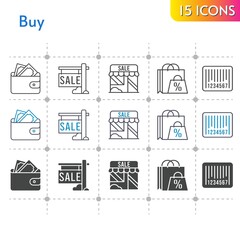 buy icon set. included shopping bag, sale, wallet, shop, barcode icons on white background. linear, bicolor, filled styles.