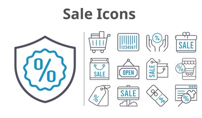 sale icons set. included gift, online shop, shopping bag, sale, price tag, shopping cart, discount, warranty, barcode, open icons. bicolor styles.