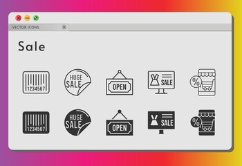 Obraz premium sale icon set. included online shop, sale, barcode, open icons on white background. linear, filled styles.