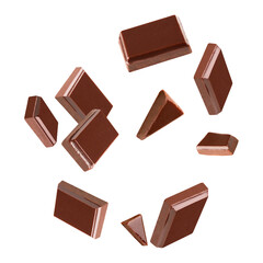 Three dark chocolate pieces  on a white background .Clipping path