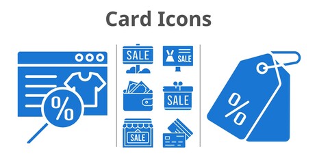 card icons set. included gift, online shop, sale, wallet, shop, price tag, credit card icons. filled styles.