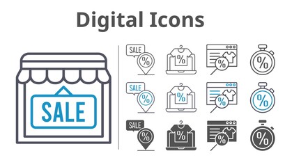 digital icons icon set included online shop, shop, placeholder, stopwatch icons