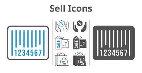 sell icons icon set included shopping bag, discount, barcode icons
