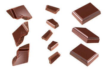 falling chocolate broken pieces in the air on a white background .Clipping path