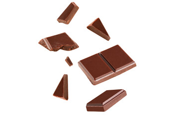 falling chocolate broken pieces in the air on a white background .Clipping path