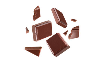 chocolate broken pieces in the air on a white background .Clipping path
