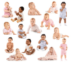 Collage with cute little babies on white background