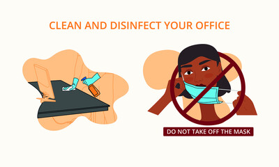 clean and disinfect your office computer desk don't take off your mask at work inside the office