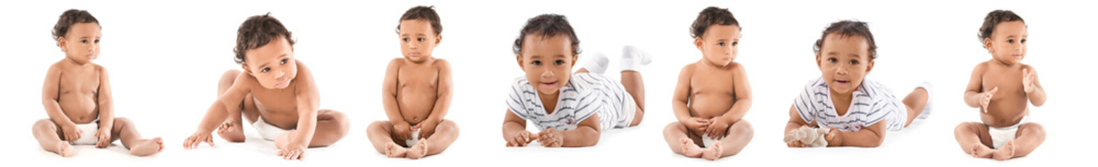Collage with cute African-American baby on white background