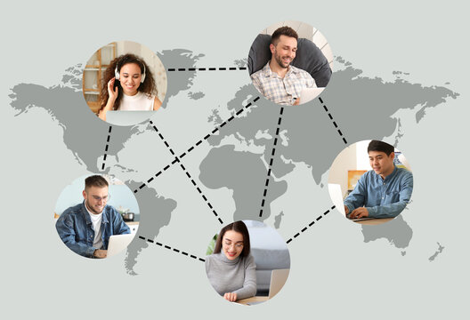 Map of the world and different people using laptops. Concept of social distance during coronavirus epidemic