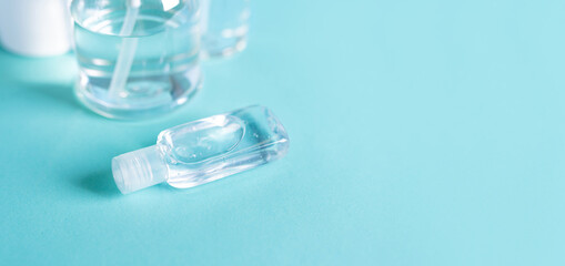 bottle alcohol clean with sanitiser liquid bottle . concenpt protection sanitiser tool protect corona virus .Banner panorama