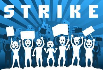 Protesting people. A crowd of angry protesters with flags and banners in the background of the city.