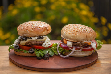 hamburger on a wooden table