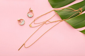 Beautiful jewelry on color background