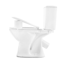 Toilet bowl and roll of paper on white background