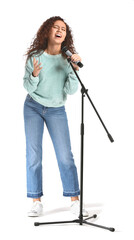 Young African-American woman singing on white background