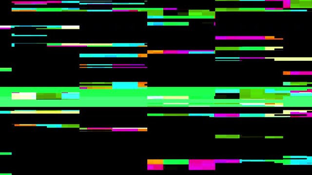 Horizontal distortion of broken video image on black background, VHS effect, glitch digital color pixel noise. Stock abstract pixel background glitch texture. Color digital noise, VHS corrupted signal