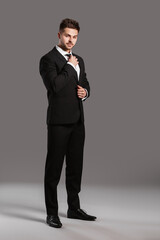 Handsome young man in elegant suit on grey background