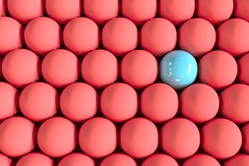 Outstanding Blue Light bulb among red light bulbs from top view. Creative Concept idea. 3D Render.