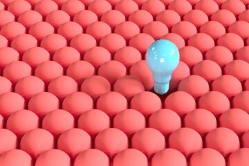 Outstanding Blue Light bulb floating among red light bulbs from top view. Creative Concept idea. 3D Render.