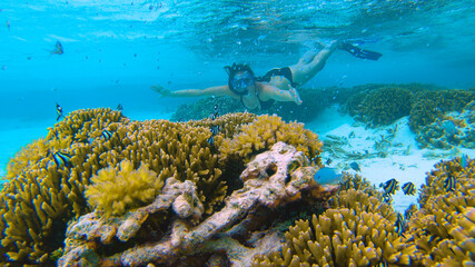 UNDERWATER: Young woman exploring the ocean slowly approaches a live coral