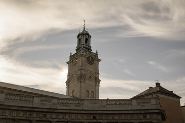 Fototapeta na wymiar Close up view of the tower of Saint Nicholas Church or Storkyrkan, Stockholm, Sweden.