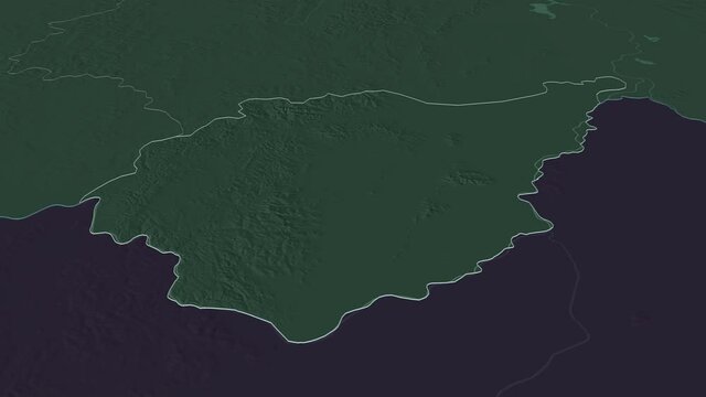 Yevrey, autonomous region with its capital, zoomed and extruded on the administrative map of Russia in the conformal Stereographic projection. Animation 3D