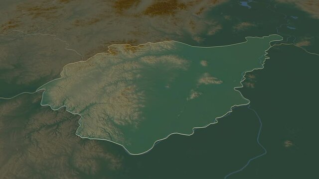 Yevrey, autonomous region with its capital, zoomed and extruded on the relief map of Russia in the conformal Stereographic projection. Animation 3D
