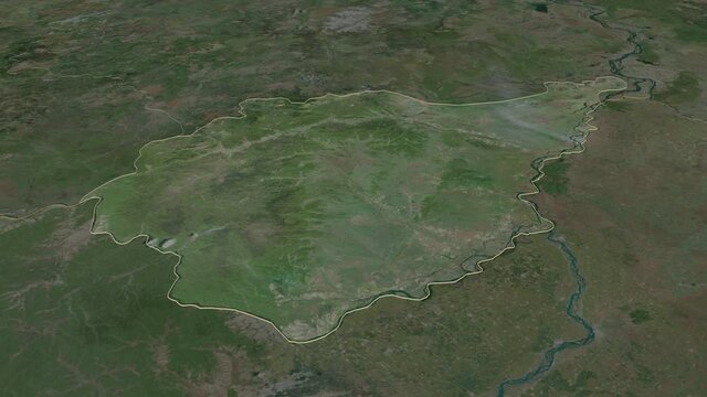 Yevrey, autonomous region with its capital, zoomed and extruded on the satellite map of Russia in the conformal Stereographic projection. Animation 3D