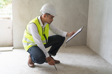 Builder inspection consultancy. Inspector checking material and structure in construction.