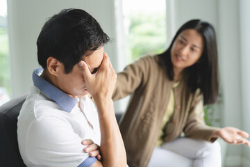 anger asian wife and argue with husband at home.
