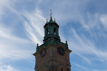 Close up view of the tower of Saint Nicholas Church or Storkyrkan, Stockholm, Sweden.