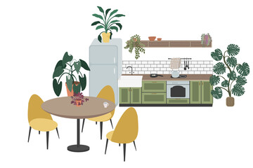 Scandinavian dinner room design. Modern kitchen illustration. Vector interior design