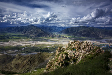 mountain landscape with lake and mountains