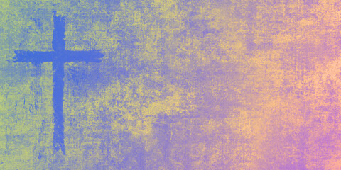 blue cross on multicolored grunge canvas, textured painting, worship slide background / wallpaper, holy week / communion image