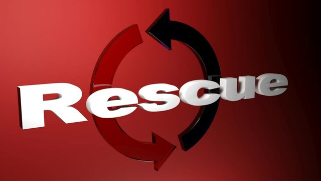 The write RESCUE on red background, with two rotating arrows - 3D rendering illustration video clip